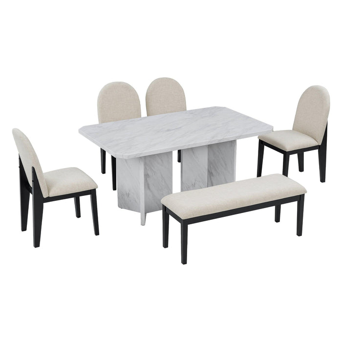 6-PieceModern Style Dining Set with Faux Marble Table and 4 Upholstered Dining Chairs & 1 Bench (White)