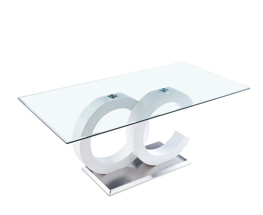 Tempered Glass Dining Table with White MDF Middle Support and Stainless Steel Base forModern Design