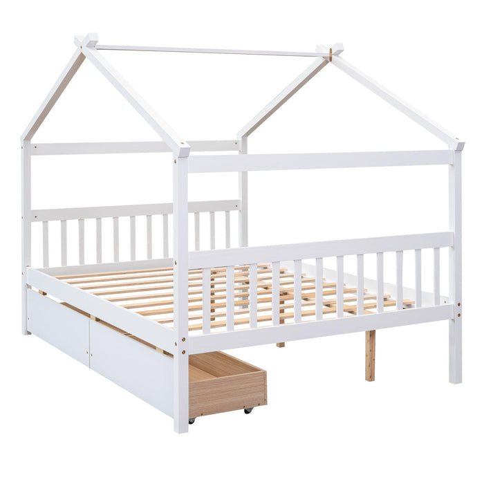 Full Size Wooden House Bed with Drawers, White