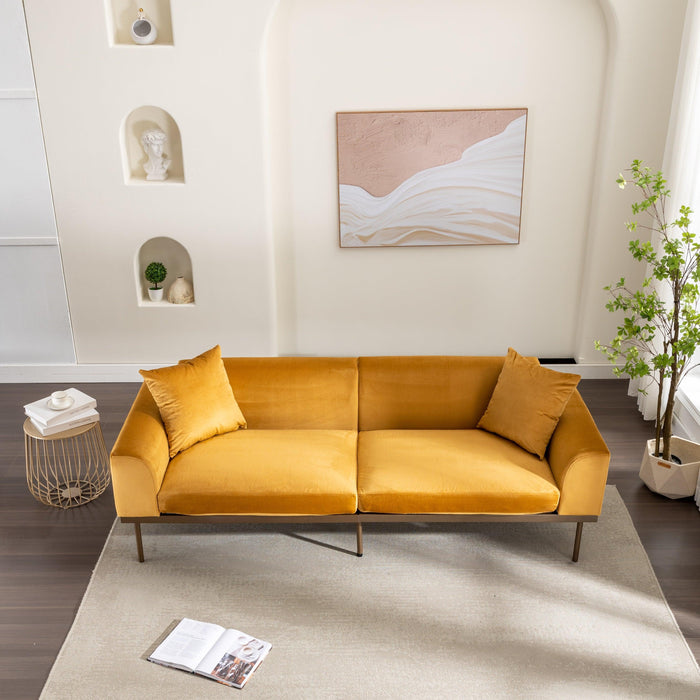 Modern Velvet Sofa with Metal Legs,Loveseat Sofa Couch with Two Pillows for Living Room and Bedroom, Mustard
