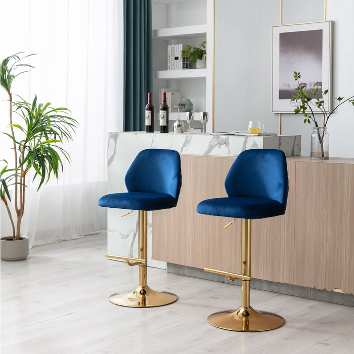 Swivel Bar Stools Chair Set of 2Modern Adjustable Counter Height Bar Stools, Velvet Upholstered Stool with Tufted High Back & Ring Pull for Kitchen , Chrome Golden Base,Blue