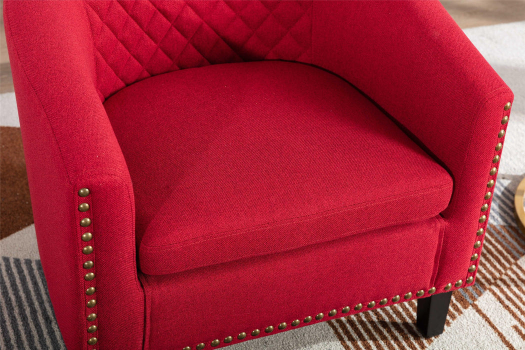 accent Barrel chair living room chair with nailheads and solid wood legs  Red  Linen