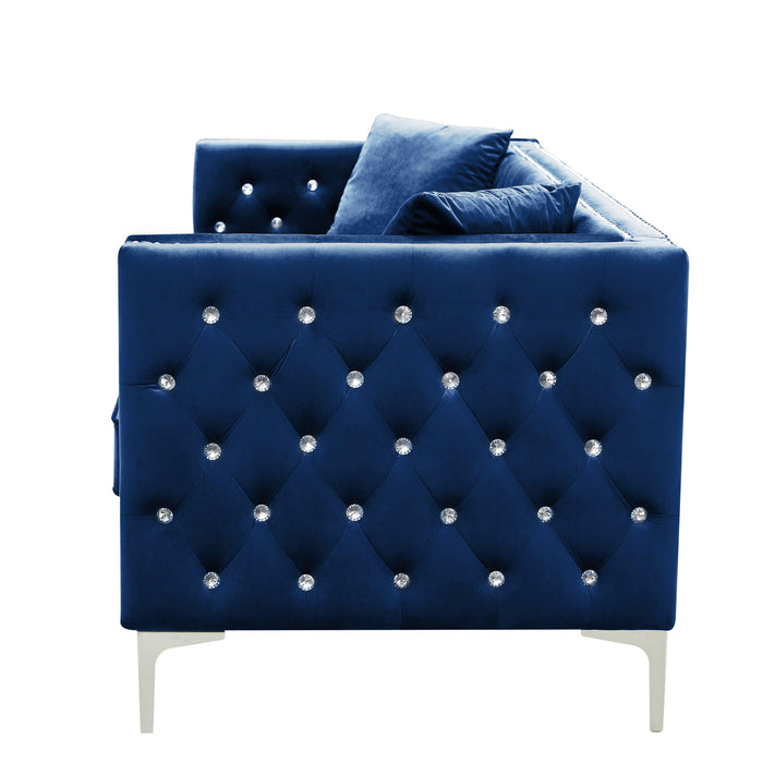82.3" WidthModern Velvet Sofa Jeweled Buttons Tufted Square Arm Couch Blue,2 Pillows Included