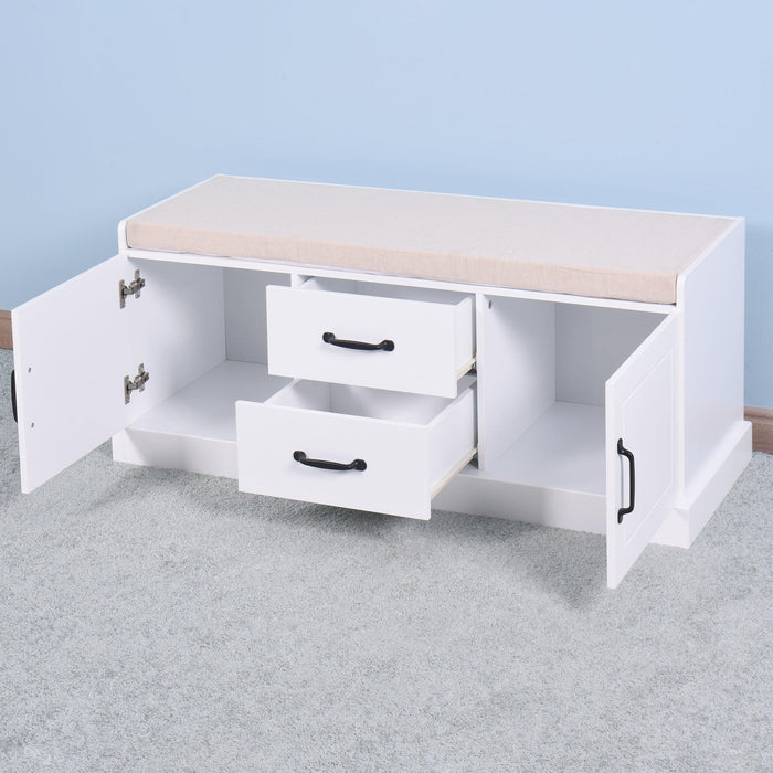 Wooden EntrywayShoe Cabinet with 2 Drawers and 2 Doors Living RoomStorage Bench with White Cushion