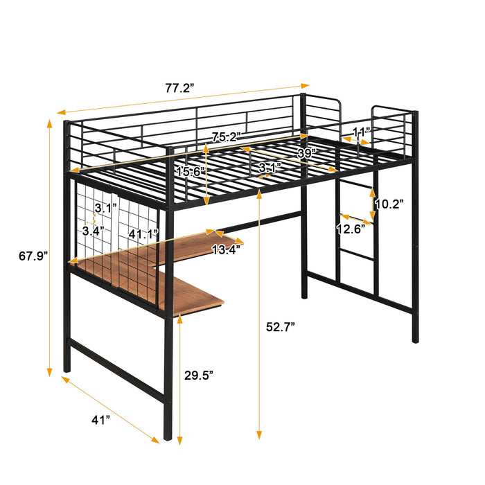 Twin Metal Loft Bed with Desk and Metal Grid,Black