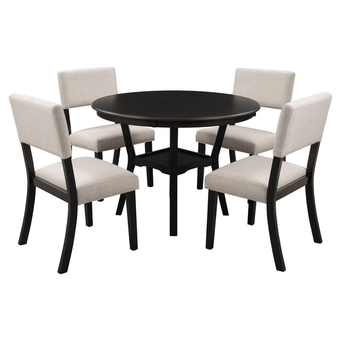 5-Piece Kitchen Dining Table Set Round Table with Bottom Shelf, 4 Upholstered Chairs for Dining Room（Espresso）