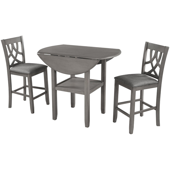 Farmhouse 3 Piece Round Counter Height Kitchen Dining Table Set with Drop Leaf Table, One Shelf and 2 Cross Back Padded Chairs for Small Places, Gray
