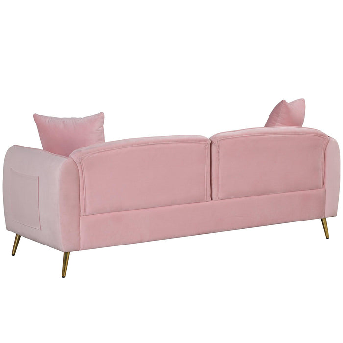 77.5" Velvet Upholstered Sofa with Armrest Pockets,3-Seat Couch with 2 Pillows and lden Metal Legs for Living Room,Apartment,Home Office,Pink