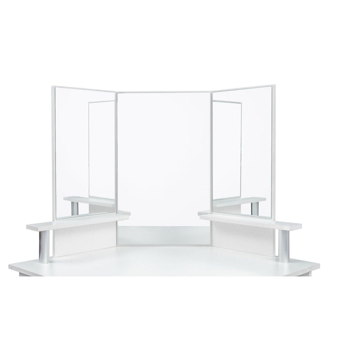 Corner dressing table make up desk with three-fold mirror and 5 rotary drawer Wooden Bedroom Vanity Table (White)