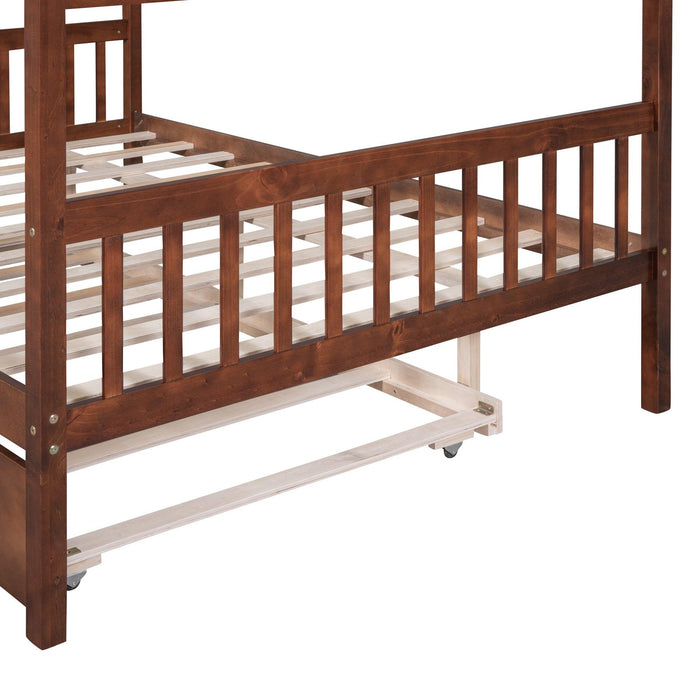 Full Size Wooden House Bed with Twin Size Trundle, Walnut