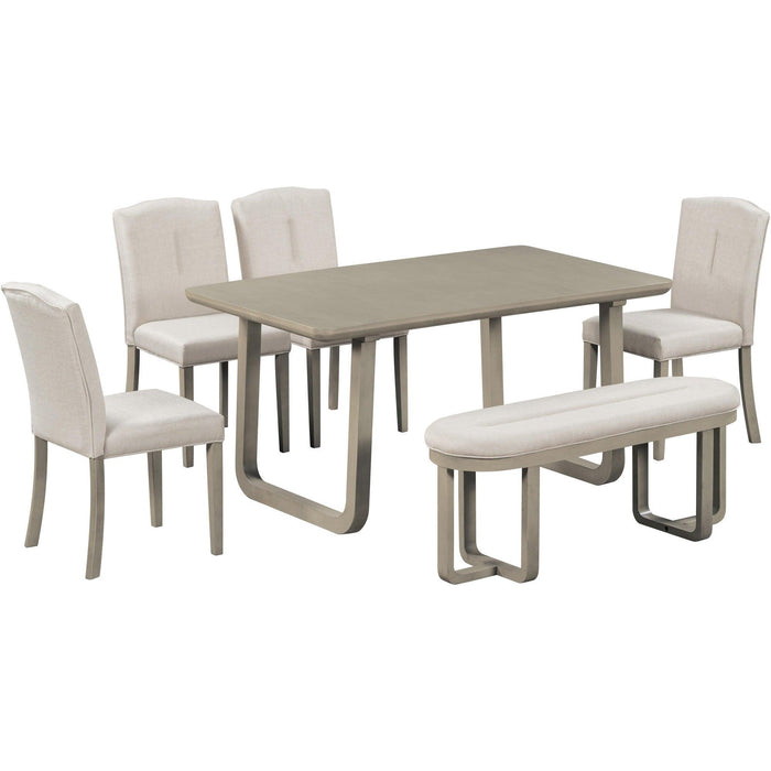 6-Piece Retro-Style Dining Set Includes Dining Table, 4 Upholstered Chairs & Bench with Foam-covered Seat Backs&Cushions for Dining Room (Light Khaki+Beige)