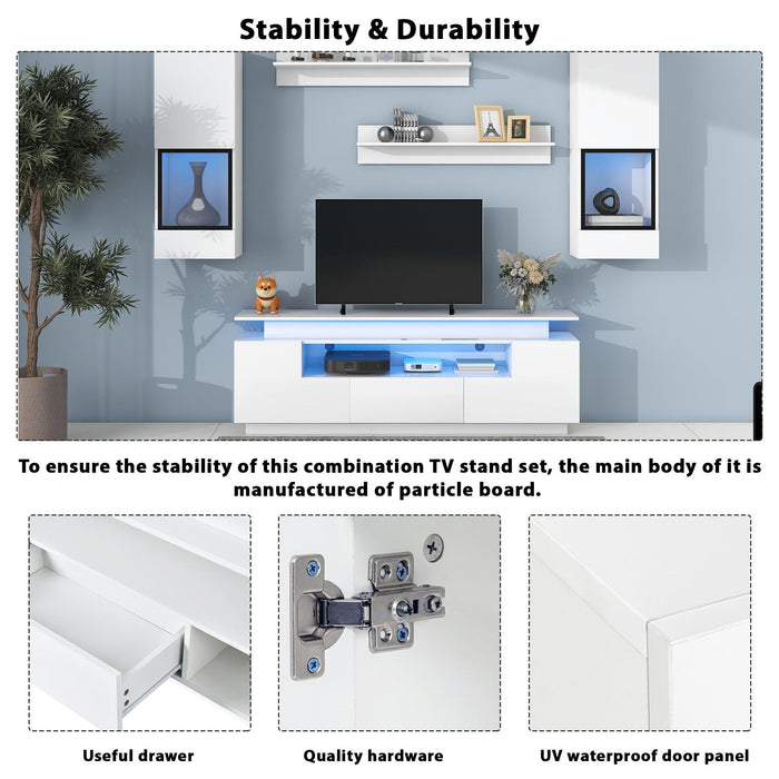 Stylish Functional TV stand, 5 Pieces Floating TV Stand Set, High Gloss Wall Mounted Entertainment Center with 16-color LED Light Strips for 75+ inch TV, White