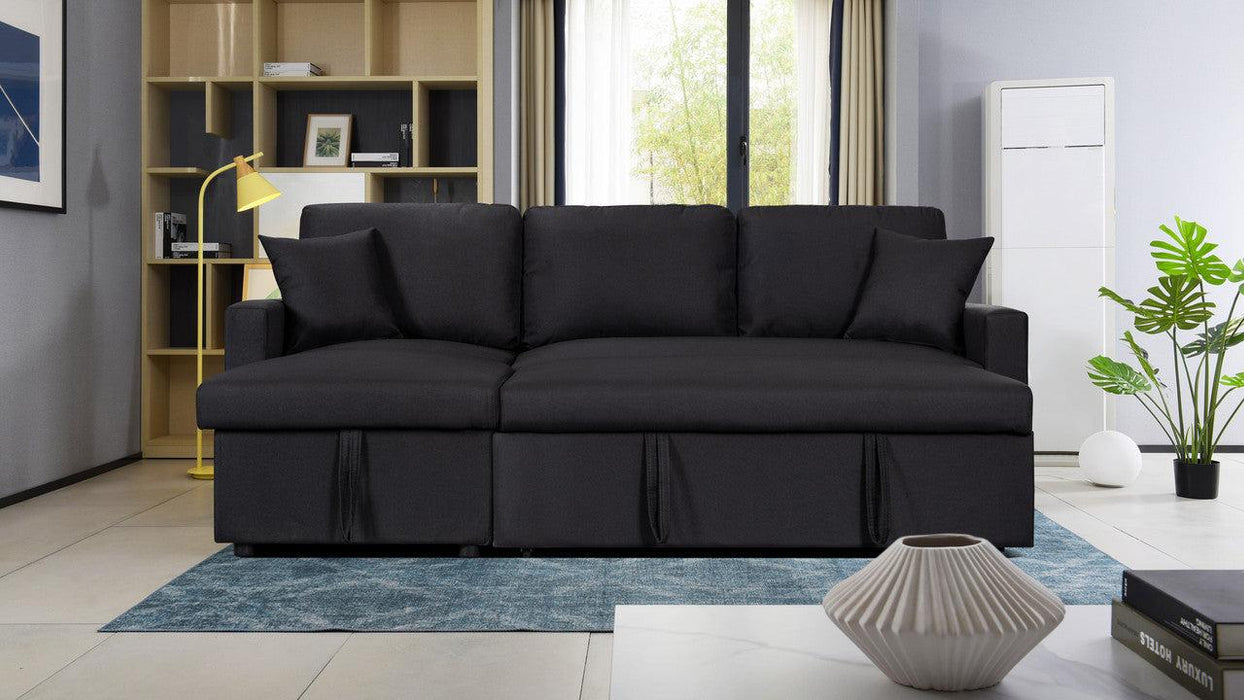 Paisley Black Linen Fabric Reversible Sleeper Sectional Sofa withStorage Chaise