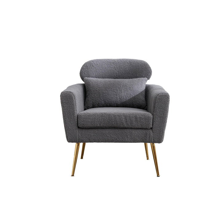 29.5"WModern Boucle Accent Chair Armchair Upholstered Reading Chair Single Sofa Leisure Club Chair with Gold Metal Leg and Throw Pillow for Living Room Bedroom Dorm Room Office, Gray Boucle