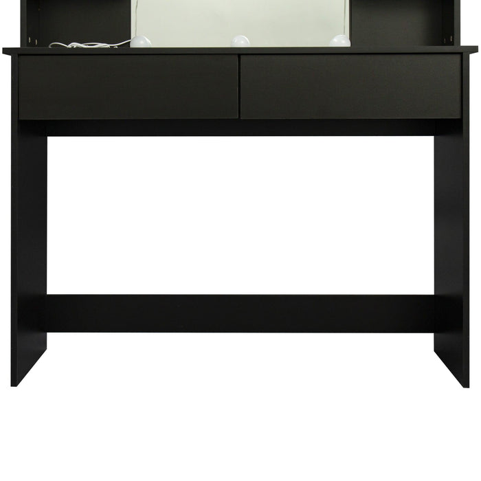 Modern Dressing table with 2 Drawers, 4 open shelves，Rectangular Makeup Table with Mirror, 10-lamp bulb,,42.52*15.75* 52.76inch,for Bedroom, Black