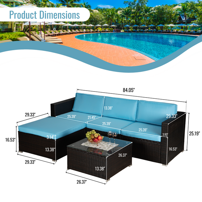 Outdoor Garden Patio Furniture 5-Piece Brown PE Rattan Wicker Sectional Blue Cushioned Sofa Sets