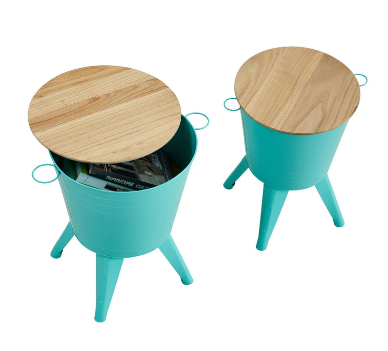 Farmhouse Rustic Distressed Metal Accent Cocktail Table with wood top-BLUE, Set of 2