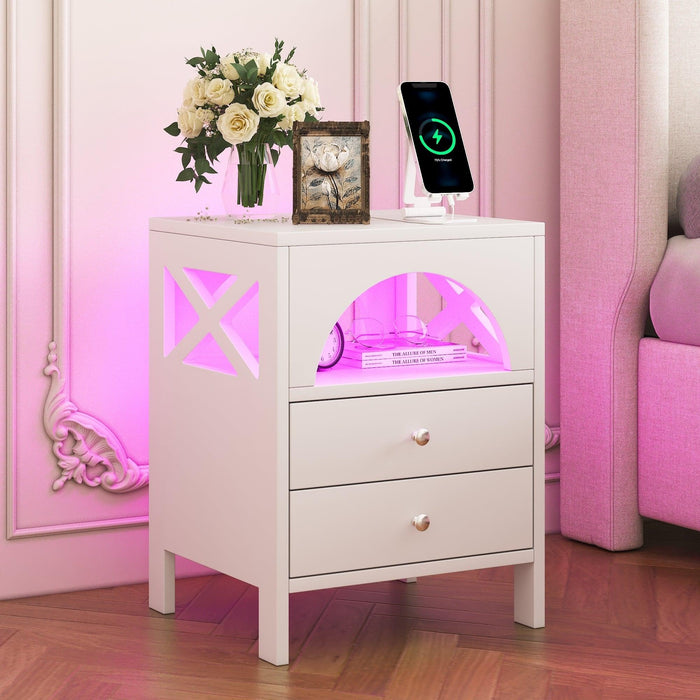 Nightstand with USB Charging Ports and LED Lights,End Table with 2 Drawers and Shelf,White