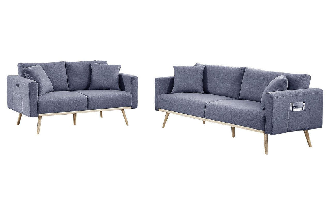 Easton Dark Gray Linen Fabric Sofa Loveseat Living Room Set with USB Charging Ports Pockets & Pillows