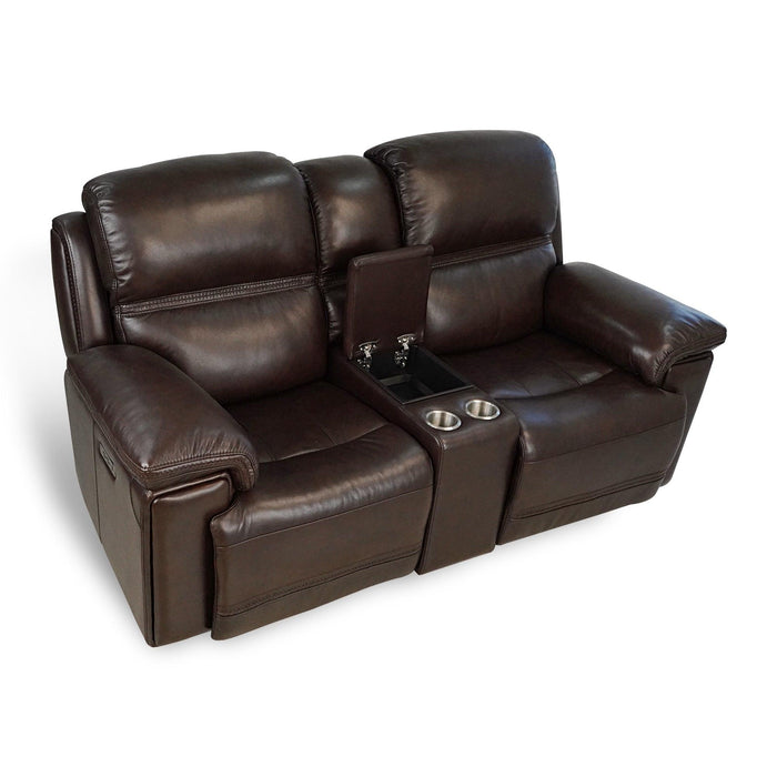 Timo Top Grain Leather Power Reclining Loveseat With Console | Adjustable Headrest |Storage | Steel Cup Holders | Cross Stitching