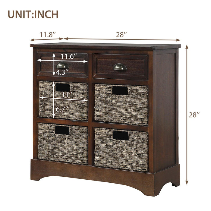 RusticStorage Cabinet with Two Drawers and Four Classic Rattan Basket for Dining Room/Living Room (Espresso)