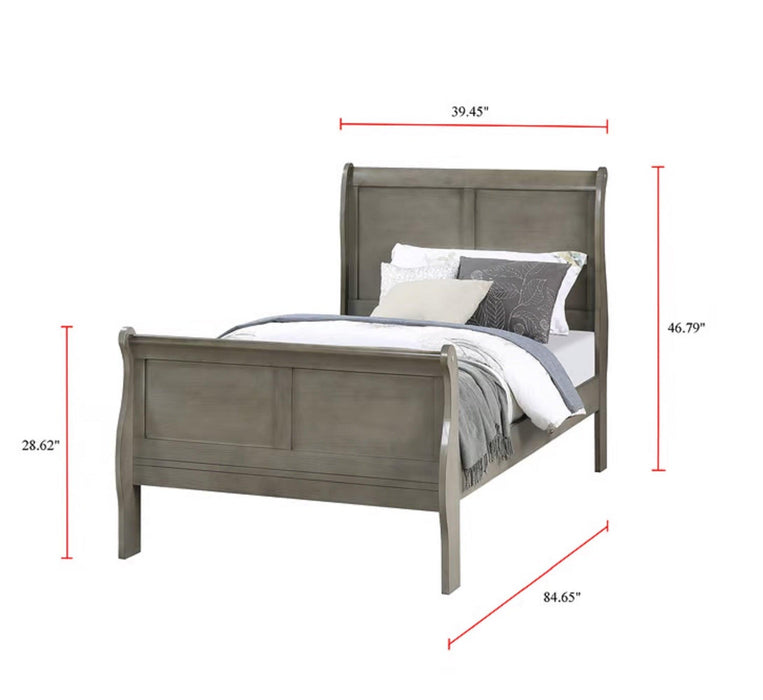 Louis Phillipe Gray Twin Size Panel Sleigh Bed Solid Wood Wooden Bedroom Furniture