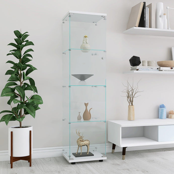 Glass Display Cabinet 4 Shelves with Door, Floor Standing Curio Bookshelf for Living Room Bedroom Office, 64.56” x 16.73”x 14.37”, White