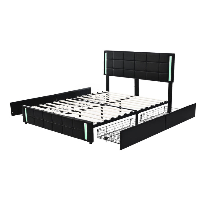 Queen Size Upholstered Platform Bed with LED Lights and USB Charging,Storage Bed with 4 Drawers, Black