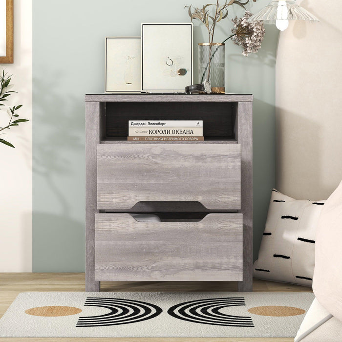 MultifunctionalStorage Nightstand with 2 Drawers and an open shelf, Wireless Charging with adjustable LED, Brown