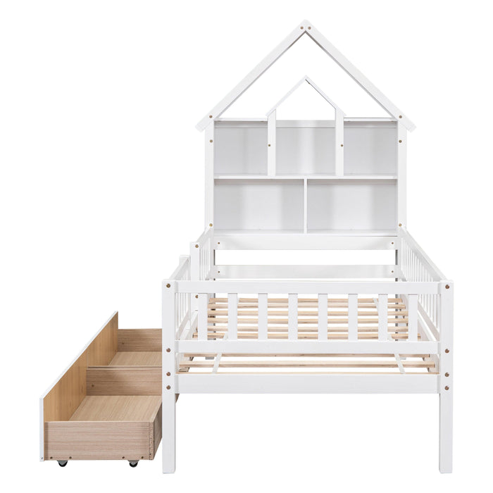 Twin Size House-Shaped Headboard Bed with Fence Guardrails and Drawers ,White
