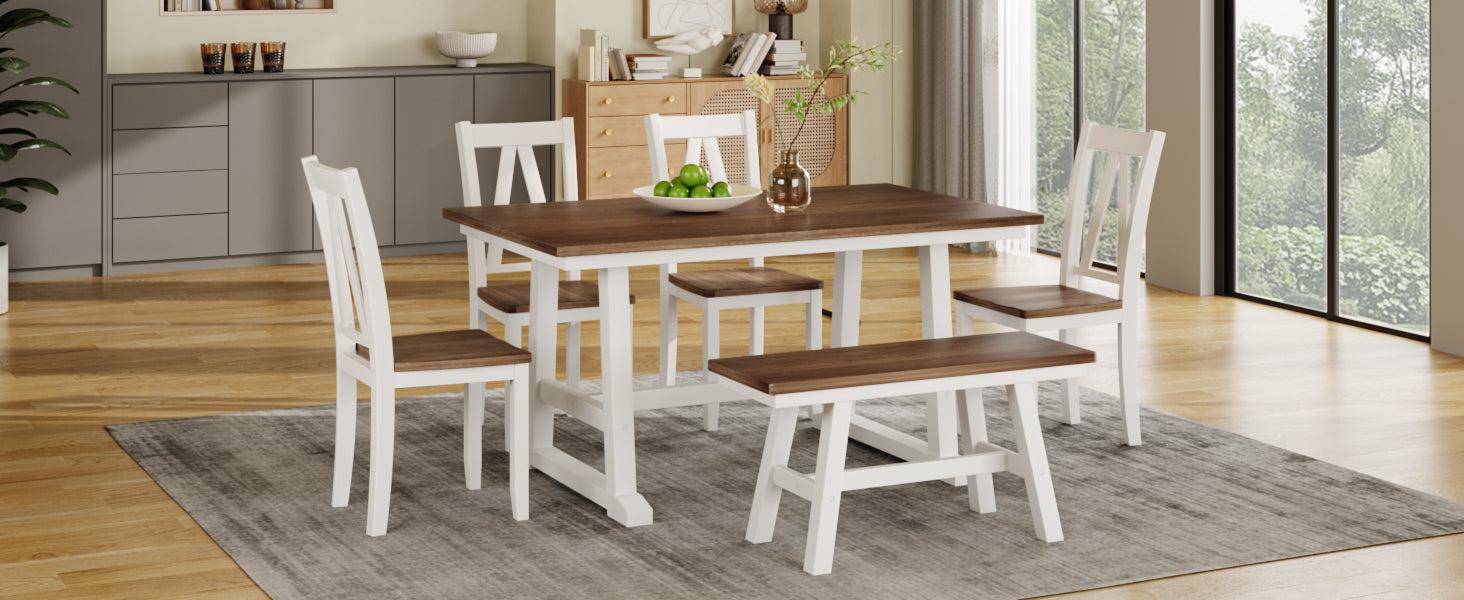 6-Piece Wood Dining Table Set Kitchen Table Set with Long Bench and 4 Dining Chairs, Farmhouse Style, Walnut+White