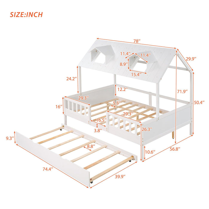 Full Size House Bed Wood Bed with  Twin Size Trundle ( White )