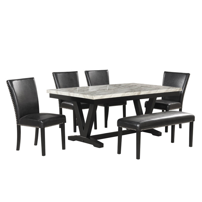 6-piece Dining Table Set with 1 Faux Marble Top Table,4 Upholstered Seats and 1 Bench,Table: 72in.Lx42in.Wx30in.H, Chair: 19.75in.Lx21.25in.Wx38.25in.H, Bench:46in.Lx16in.Wx20in.H.