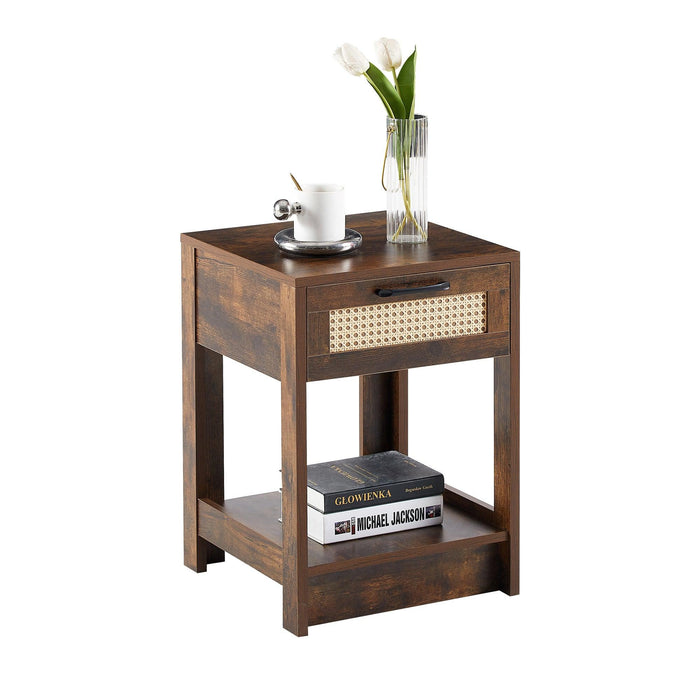 15.75" Rattan End table with  drawer,Modern nightstand, side table for living roon, bedroom,Rustic Brown