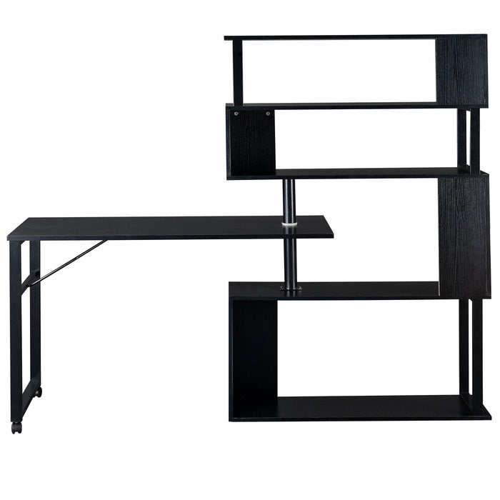 Home Office Computer Desk L-Shaped Corner Table, Rotating Computer Table with 5-Tier Bookshelf, Four Installation Methods, Lockable Casters (Black)