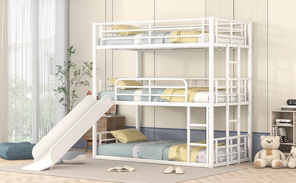 Twin Size Metal Bunk Bed with Ladders and Slide, Divided into Platform and Loft Bed, White