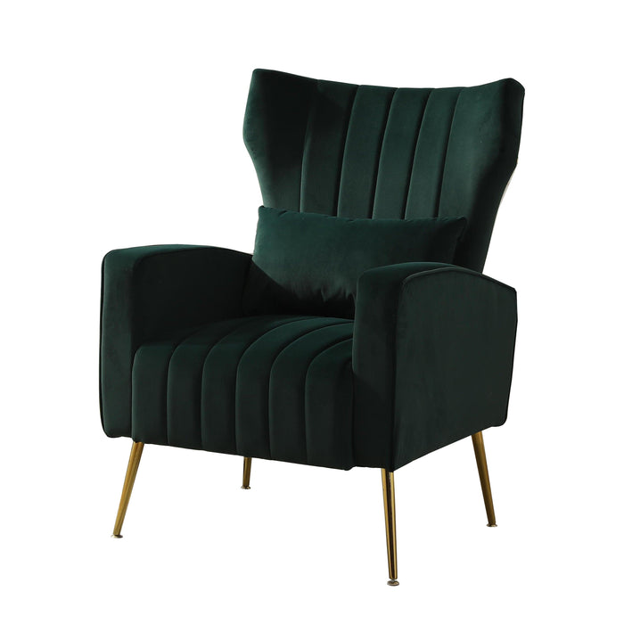 Velvet Accent Chair,Modern Living Room Armchair Comfy Upholstered Single Sofa Chair for Bedroom Dorms Reading Reception Room with Gold Legs & Small Pillow, Dark Green