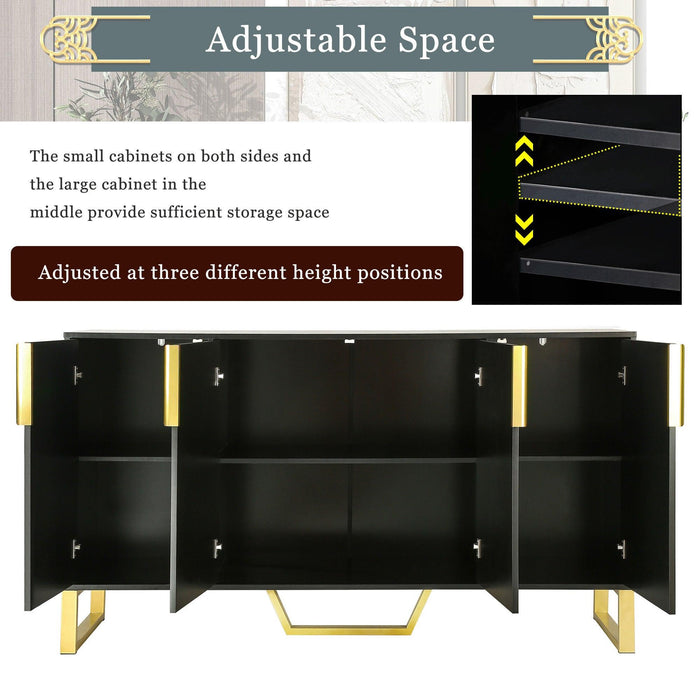 Modern sideboard with Four Doors, Metal handles & Legs and Adjustable Shelves Kitchen Cabinet (Black)