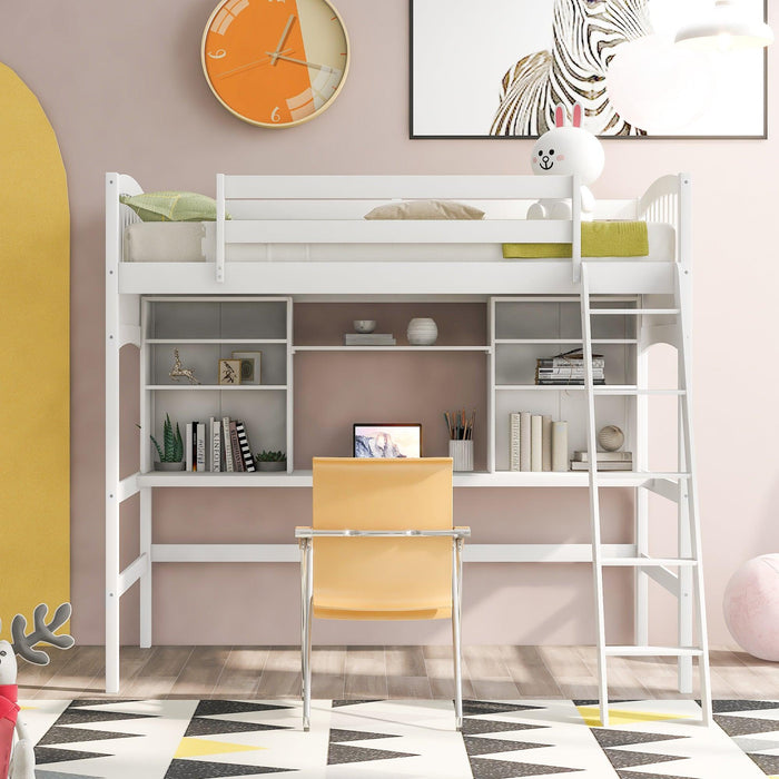 Twin size Loft Bed withStorage Shelves, Desk and Ladder, White