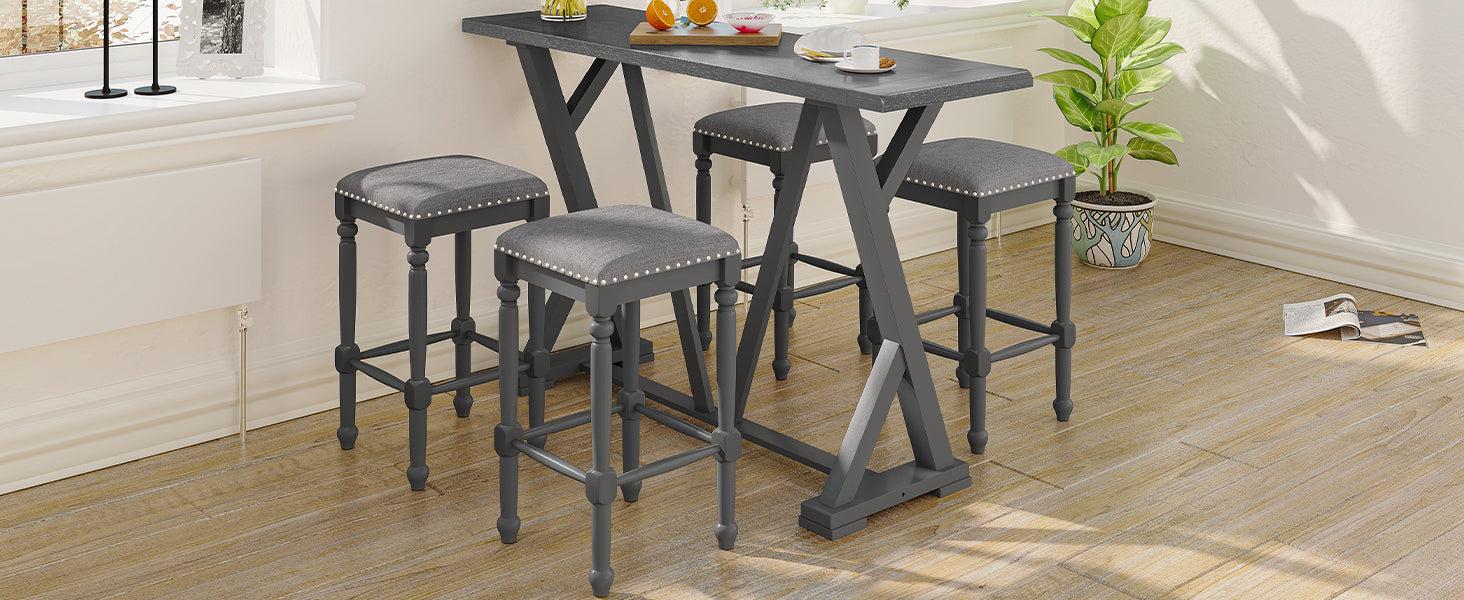 Mid-century Counter Height 5-Piece Dining Set, Wood Console Table with Trestle Legs and 4 Stools for Small Places, Gray