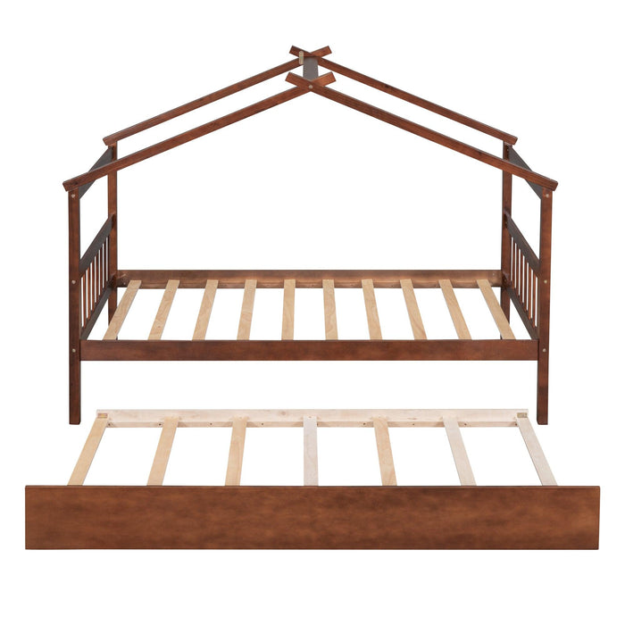 Twin Size Wooden House Bed with Twin Size Trundle, Walnut