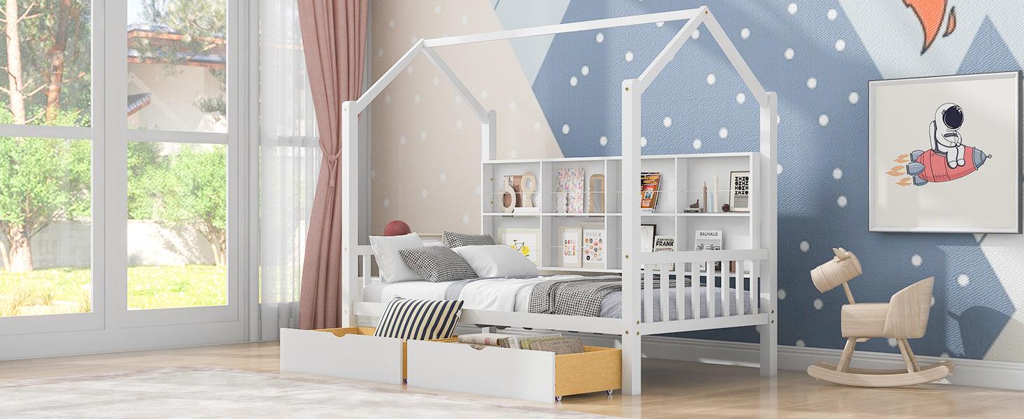Wooden Twin Size House Bed with 2 Drawers,Kids Bed withStorage Shelf, White