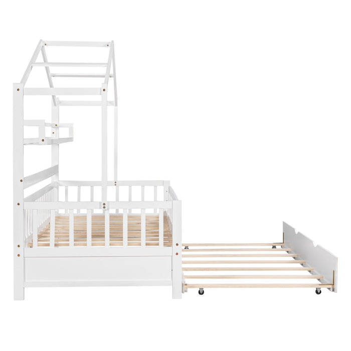 Wooden Twin Size House Bed with Trundle,Kids Bed with Shelf, White