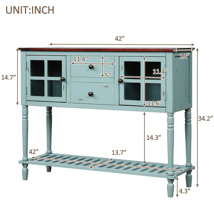 Sideboard Console Table with Bottom Shelf, Farmhouse Wood/Glass BuffetStorage Cabinet Living Room (Retro Blue)
