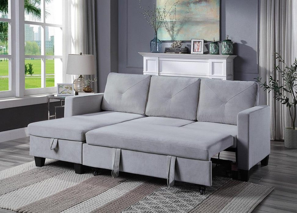 Nova Light Gray Velvet Reversible Sleeper Sectional Sofa withStorage Chaise