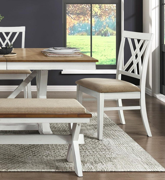 Modern Style White and Oak Finish 6pc Dining Set Table w Extension Leaf Bench 4x Side Chairs x-back Design Charming Traditional Dining Room Furniture