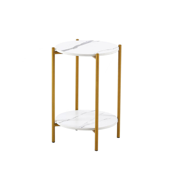 2-layer End Table with Whole  Marble Tabletop, Round Coffee Table with Golden Metal Frame for Bedroom Living Room Office (White,1 piece)