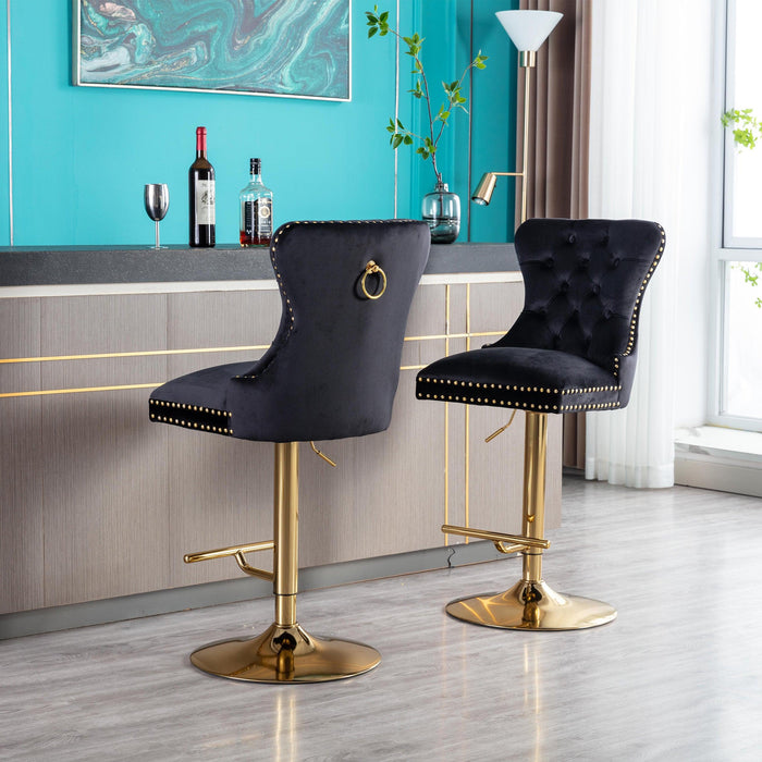 Swivel Bar Stools Chair Set of 2Modern Adjustable Counter Height Bar Stools, Velvet Upholstered Stool with Tufted High Back & Ring Pull for Kitchen , Chrome Golden Base, Black