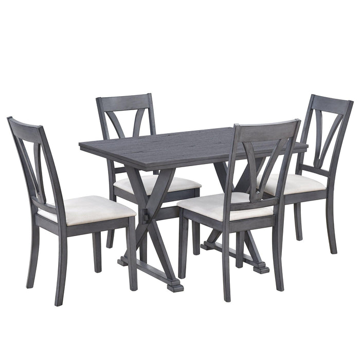 Mid-Century Wood 5-Piece Dining Table Set with 4 Upholstered Dining Chairs for Small Places, Antique Grey