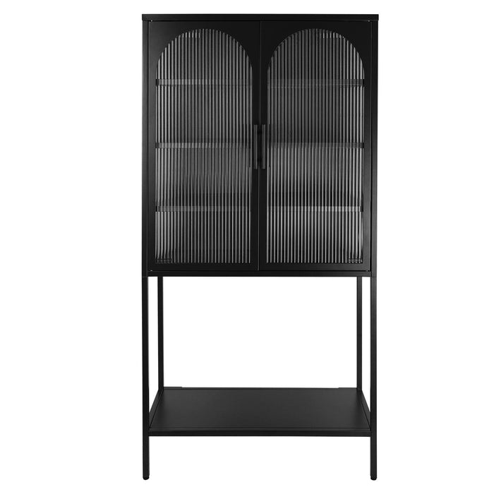 Stylish Tempered Glass TallStorage Cabinet with 2 Arched Doors Adjustable Shelves and open bottom shelf ,Feet Anti-Tip Dust-free Fluted Glass Kitchen Credenza Black Color